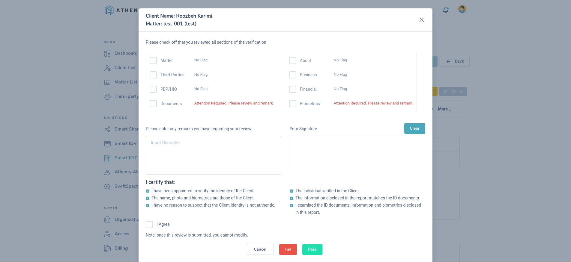 KYC Review Sections